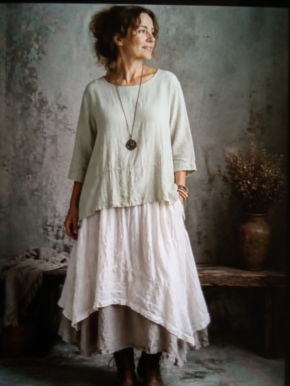 Flax Pale Sage Linen Tunic Top Lagenlook Linen Boxy Peasant Coastal Gradma L